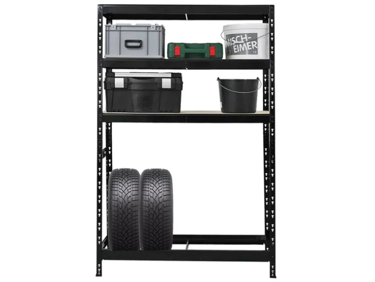 PROREGAL Reifenregal Tiger HxBxT 180 x 120 x 40 cm Bis Zu 6 Reifen Auf 1 Ebene + 3 Ablagen Schwarz