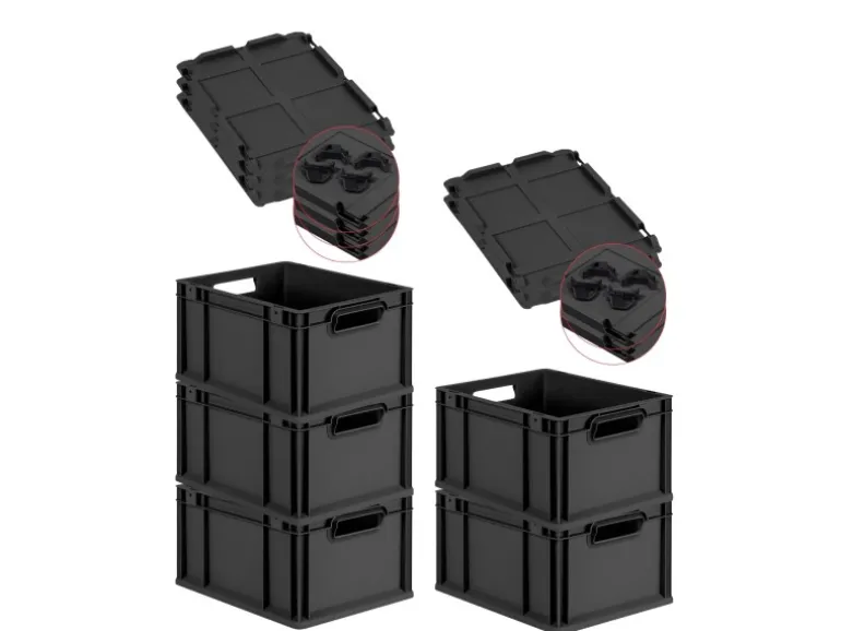 PROREGAL SparSet 5x Eurobox Nextgen Grip Mit Auflagedeckel Und Schwarzen Verschlüssen HxBxT 22x30x40cm 20 Liter Schwarz Griffe Offen