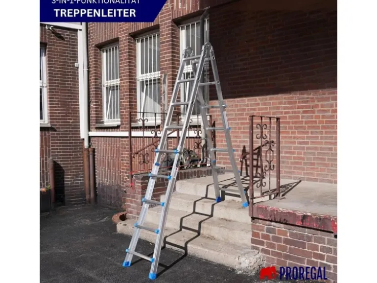 PROREGAL Sprossen-Mehrzweckleiter APOLLO 3-In-1 Aluminiumleiter 4x5 Sprossen Bis Zu 5 M Höhe 150 kg Traglast Silber Klappleiter Stehleiter