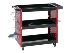 PROREGAL Werkzeugwagen HxBxT 73x90x35cm Rollwagen Werkstattwagen Rollen Handgriff 3 Ladeflächen Lochraster Stahl Rot