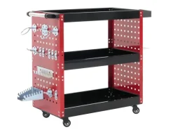 PROREGAL Werkzeugwagen HxBxT 73x90x35cm Rollwagen Werkstattwagen Rollen Handgriff 3 Ladeflächen Lochraster Stahl Rot