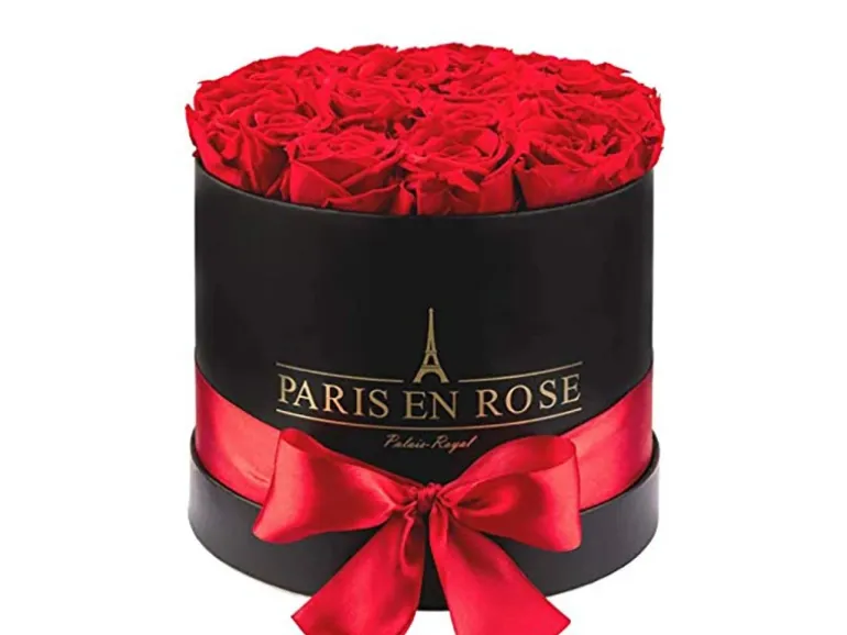 Rosenbox Ø 19 cm Schwarz mit Schleife und 14 Roten Rosen