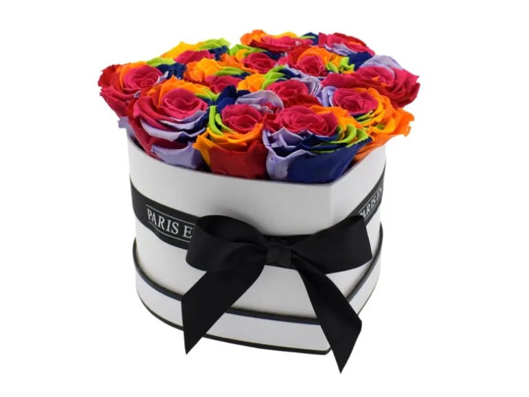 Rosenbox Herz Weiß-Schwarz mit 13 Rainbow Rosen