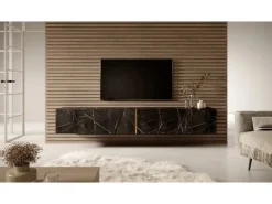Selsey TV-Hängeboard Bisira 200 cm Schwarze Marmoroptik mit Goldenem Einsatz