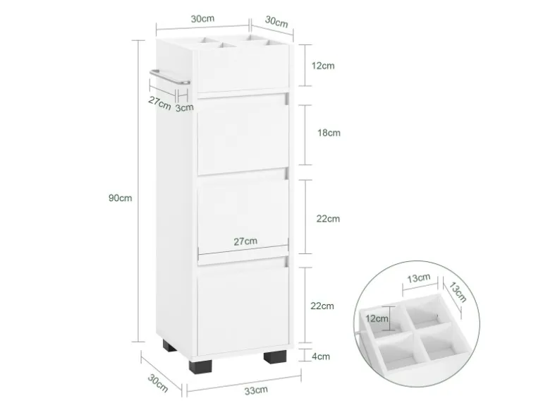 SoBuy Badezimmerschrank Badschrank mit 3 Schubladen und 4 Fächern 33x90x30cm Weiß BZR29-W