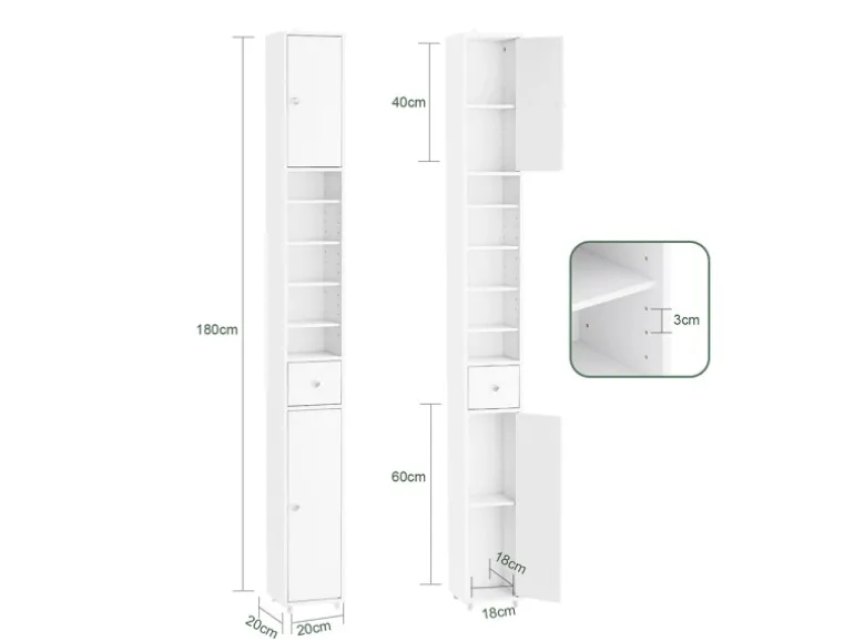 SoBuy Badezimmerschrank Hochschrank Badregal mit 6 Einlegeböden 20x180x20cm BZR34-II-W
