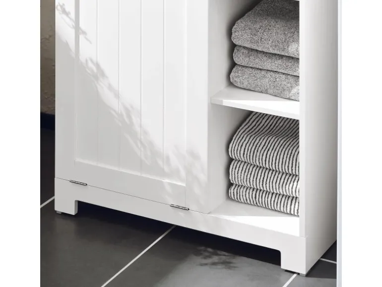 SoBuy Badschrank mit ausklappbarem Wäschesack Holz Weiß BZR105-W