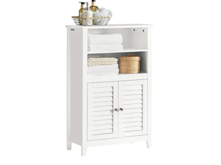 SoBuy Badschrank Sideboard mit 2 Ablagen und Lamellentüren 60x90x26cm Weiß BZR13-W
