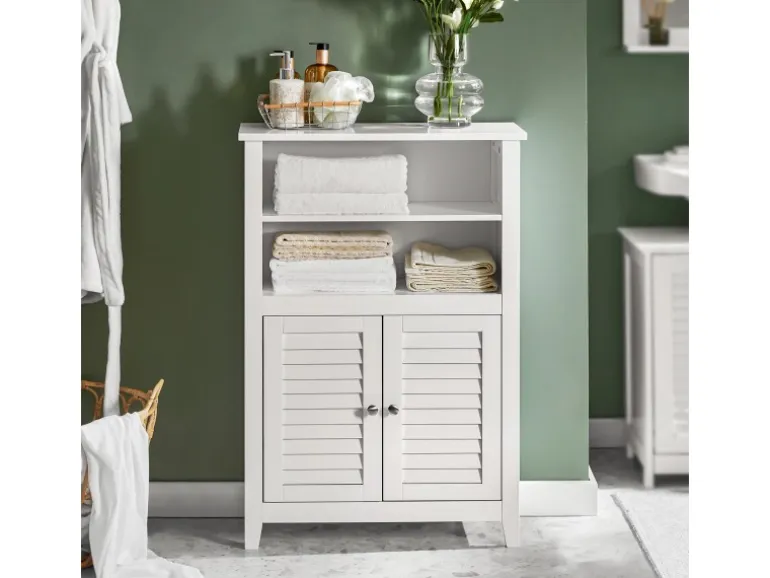 SoBuy Badschrank Sideboard mit 2 Ablagen und Lamellentüren 60x90x26cm Weiß BZR13-W