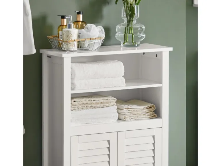 SoBuy Badschrank Sideboard mit 2 Ablagen und Lamellentüren 60x90x26cm Weiß BZR13-W