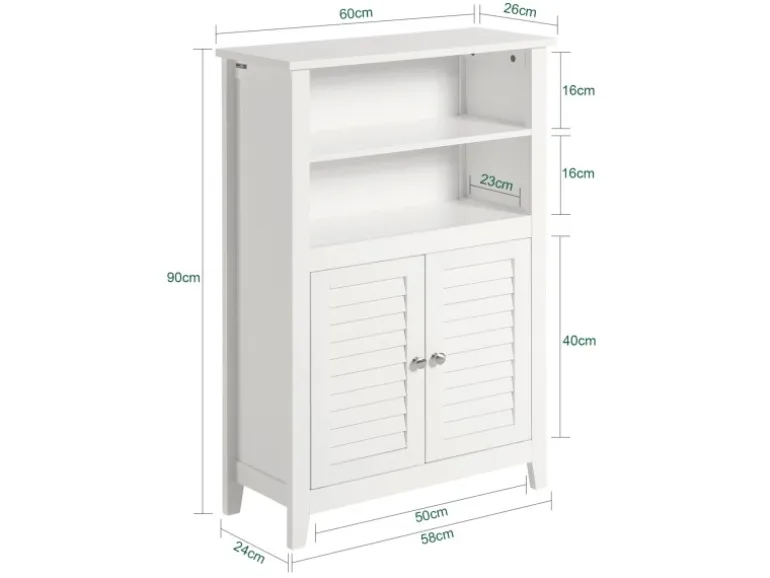 SoBuy Badschrank Sideboard mit 2 Ablagen und Lamellentüren 60x90x26cm Weiß BZR13-W