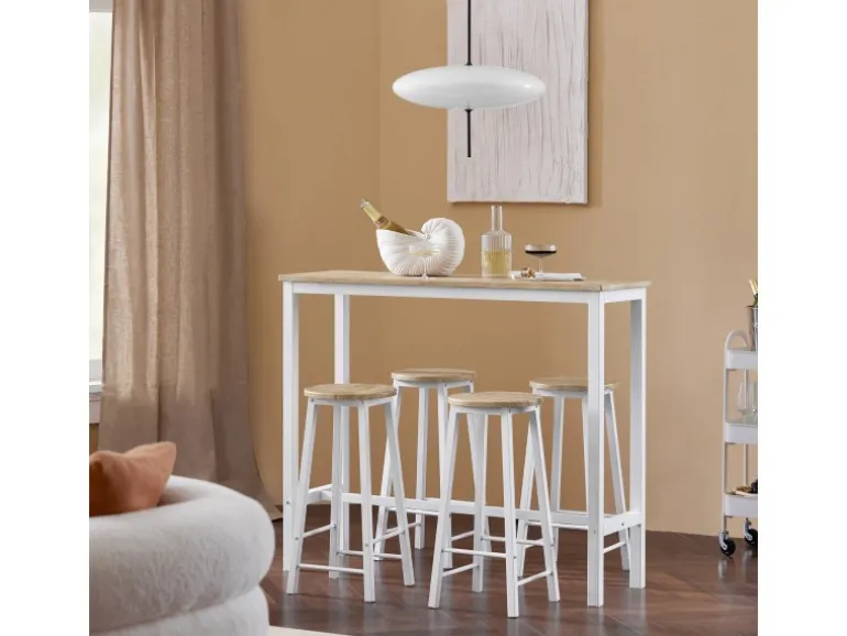 SoBuy Bartisch Set 5-teilig Essgruppe Esstisch mit 4 Hockern Weiß-Natur OGT22-WN