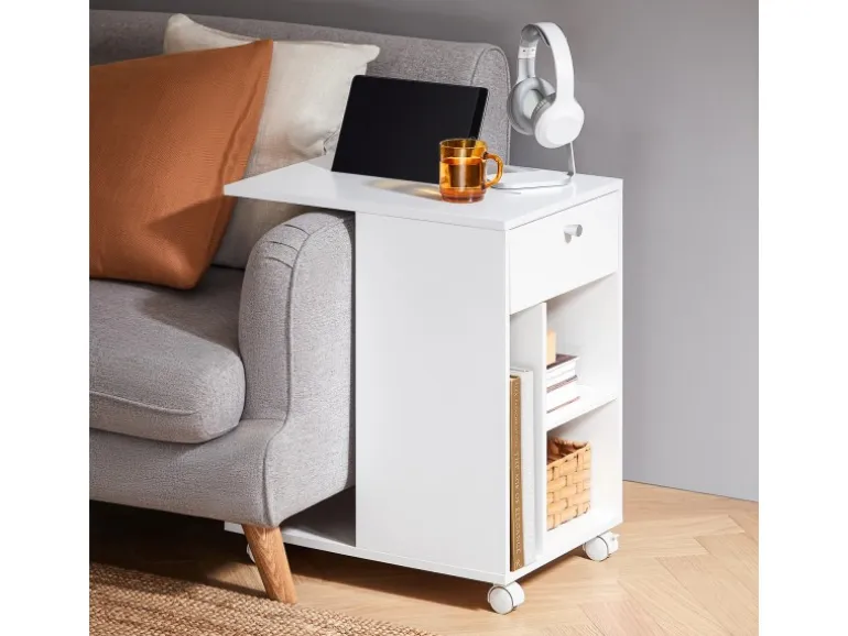 SoBuy Couchtisch mit Tablet Schiene Beistelltisch mit Rollen Weiß FBT148-W