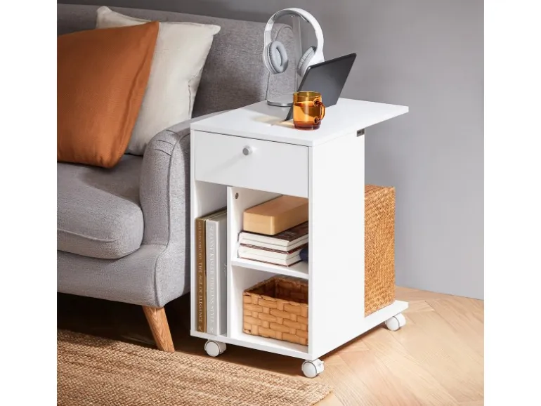 SoBuy Couchtisch mit Tablet Schiene Beistelltisch mit Rollen Weiß FBT148-W