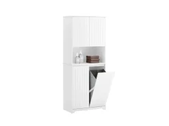 SoBuy Hochschrank Badschrank mit Wäschesack Wäscheschrank Weiß BZR150-W