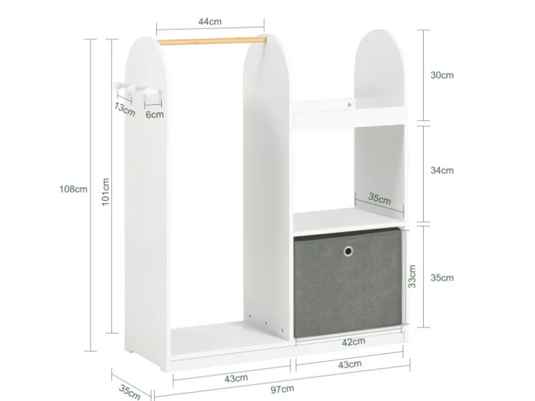 SoBuy Kinderkleiderschrank mit 3 Haken Kleiderständer mit Box Weiß KMB40-W