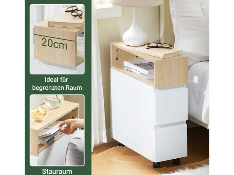 SoBuy Schmaler Beistelltisch mit 2 Schubladen Nachttisch mit Rollen FBT155-WN