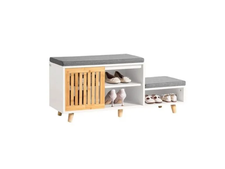 SoBuy Schuhbank mit 2 Sitzflächen und 1 Schiebetür MDF Bambus Weiß FSR125-WN