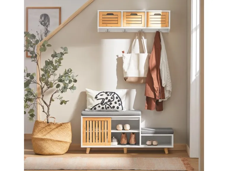 SoBuy Schuhbank mit 2 Sitzflächen und 1 Schiebetür MDF Bambus Weiß FSR125-WN