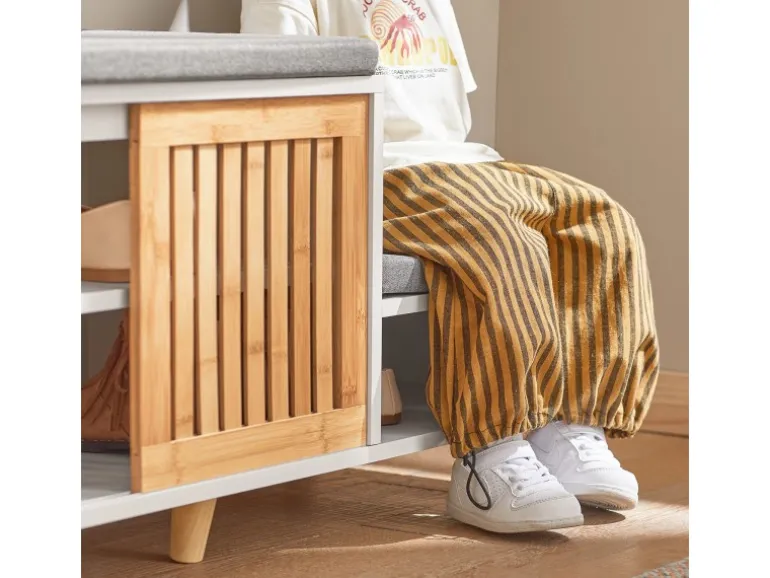 SoBuy Schuhbank mit 2 Sitzflächen und 1 Schiebetür MDF Bambus Weiß FSR125-WN