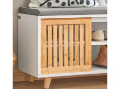 SoBuy Schuhbank mit 2 Sitzflächen und 1 Schiebetür MDF Bambus Weiß FSR125-WN