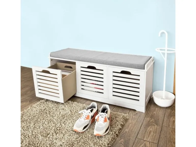 SoBuy Schuhtruhe mit 3 Körben Weiß Holzwerkstoff 105cm FSR23-W