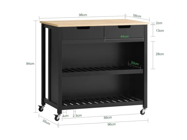 SoBuy Servierwagen mit 2 Ablagen Küchenwagen Küchenregal 98x94x58cm Schwarz FKW74-SCH