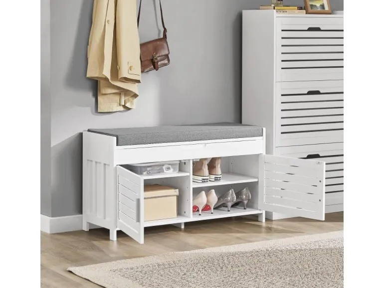 SoBuy Sitzbank mit Stauraum Schuhbank MDF Weiß 90cm FSR102-W