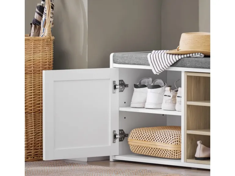 SoBuy Sitzbank mit Stauraum und Sitzfläche Weiß Holz FSR109-WN