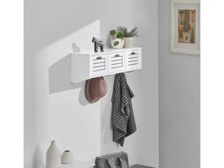 SoBuy Wandgarderobe mit 3 Körben und 4 Haken MDF Weiß FHK19-W