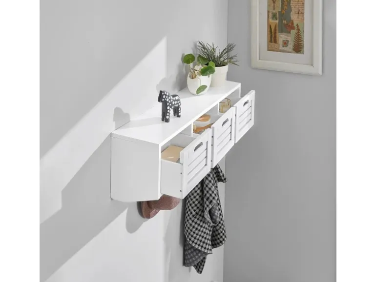 SoBuy Wandgarderobe mit 3 Körben und 4 Haken MDF Weiß FHK19-W