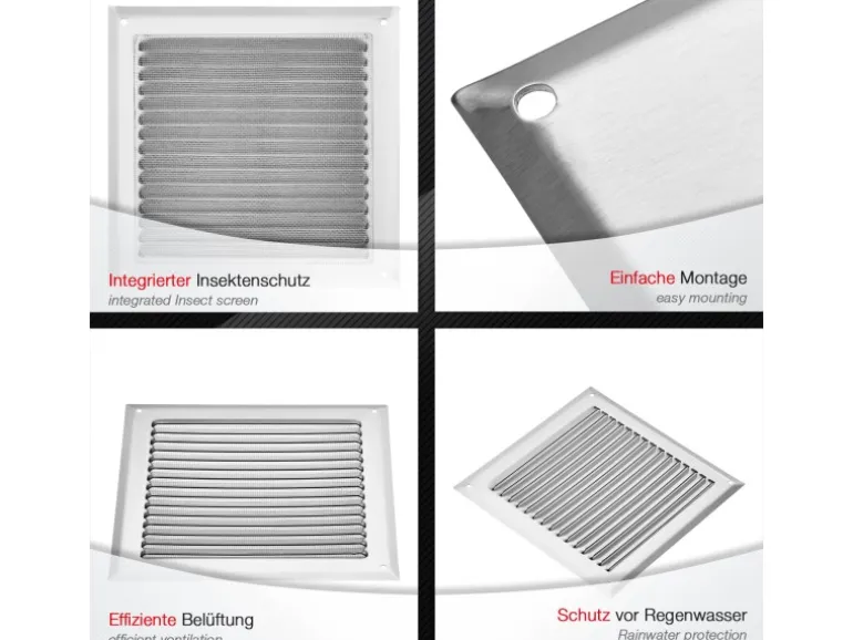 SOTECH Aluminium-Lüftungsgitter 190 x 190 mm Edelstahloptik Aufschraubbar mit Insektenschutz