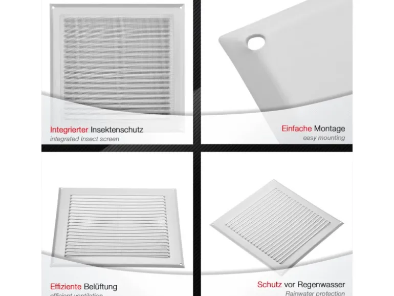 SOTECH Aluminium-Lüftungsgitter 250 x 250 mm Weiß Aufschraubbar mit Insektenschutz