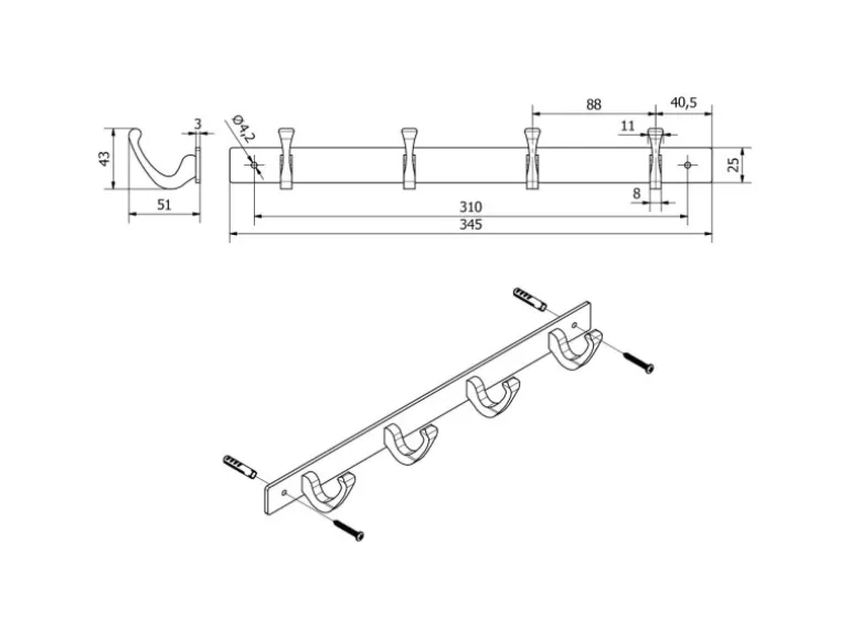 SOTECH Blackline FORTE Hakenleiste 345 mm mit 4 Haken Schwarz Pulverbeschichtet