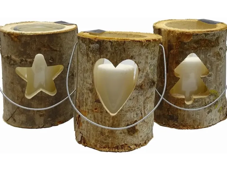 Sunny Garden Windlicht Holzstamm mit Glas 3-fach sortiert 18 cm x 16 cm