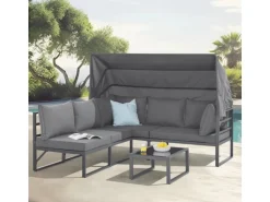 Svita Maui Gartenmöbel-Lounge-Set Mit Dach Outdoor-Sofa Strandkorb-Sonneninsel Stahl Grau
