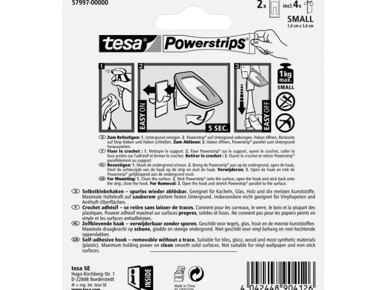 Tesa Selbstklebehaken Metall-Weiß rechteckig 2 Stück mit 4 x Powerstrips Small