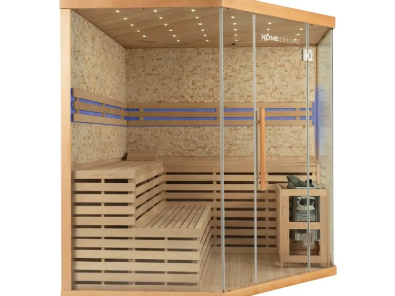 Traditionelle Sauna SKYLINE BIG Tannenholz Natur XL mit Kunststeinwand