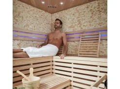 Traditionelle Sauna SKYLINE BIG Tannenholz Natur XL mit Kunststeinwand