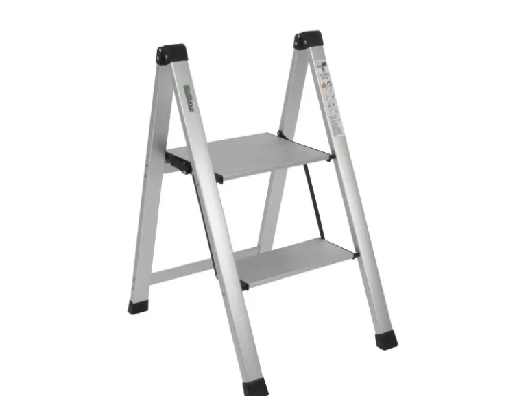 TRUTZHOLM Trittleiter 2 Stufig Klappbar bis 150 kg Alu Anti Rutsch Trittflächen TÜV GS Silber