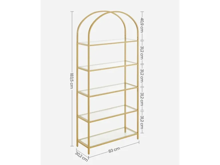 Vasagle Bücherregal 5 Ablagen Hartglas 30,2 cm x 83 cm x 183,5 cm Gold