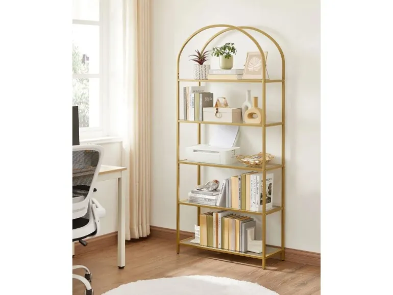 Vasagle Bücherregal 5 Ablagen Hartglas 30,2 cm x 83 cm x 183,5 cm Gold