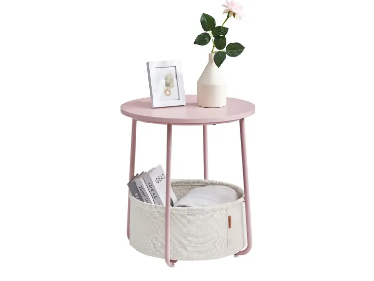 Vasagle Beistelltisch mit Stoff-Korb Ø 45 cm x 51 cm Rosa-Weiß