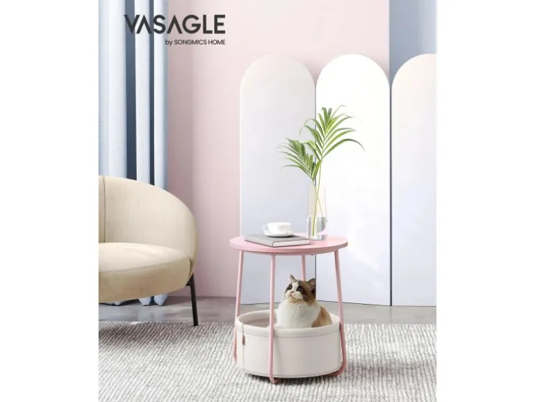 Vasagle Beistelltisch mit Stoff-Korb Ø 45 cm x 51 cm Rosa-Weiß