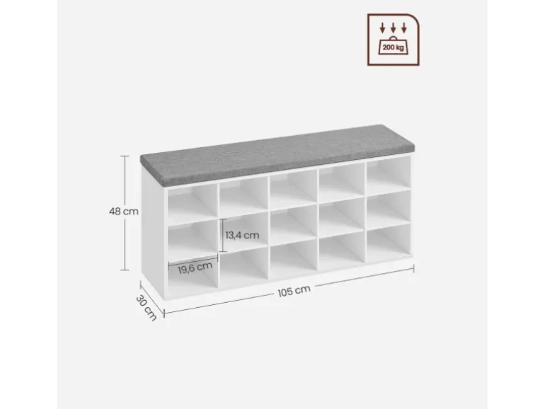 Vasagle Schuhbank mit Sitzkissen 30 cm x 105 cm x 48 cm Weiß-Grau