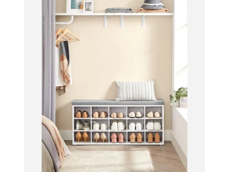 Vasagle Schuhbank mit Sitzkissen 30 cm x 105 cm x 48 cm Weiß-Grau