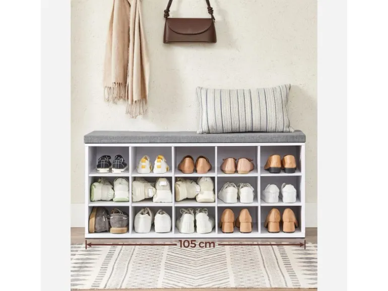 Vasagle Schuhbank mit Sitzkissen 30 cm x 105 cm x 48 cm Weiß-Grau