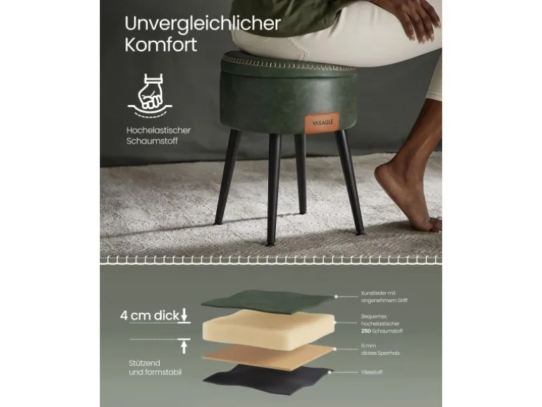 Vasagle Sitzhocker mit Stauraum Ø 32 cm x 44 cm Waldgrün