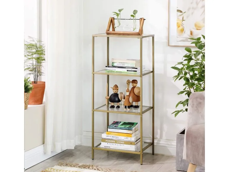 Vasagle Standregal 4 Ablagen Hartglas 30 cm x 40 cm x 95 cm Gold