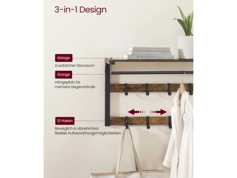 Vasagle Wandgarderobe mit Ablage 30 cm x 80 cm x 42 cm Braun-Schwarz